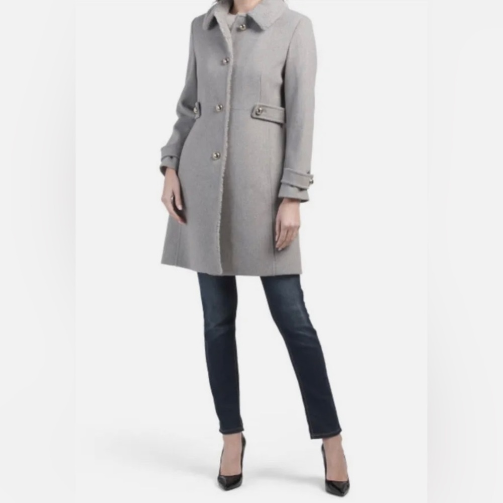 KATE SPADE New York | Sherpa Trimmed Wool Blend Coat - Heather Grey (L)